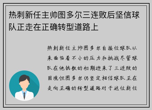 热刺新任主帅图多尔三连败后坚信球队正走在正确转型道路上