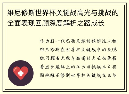 维尼修斯世界杯关键战高光与挑战的全面表现回顾深度解析之路成长